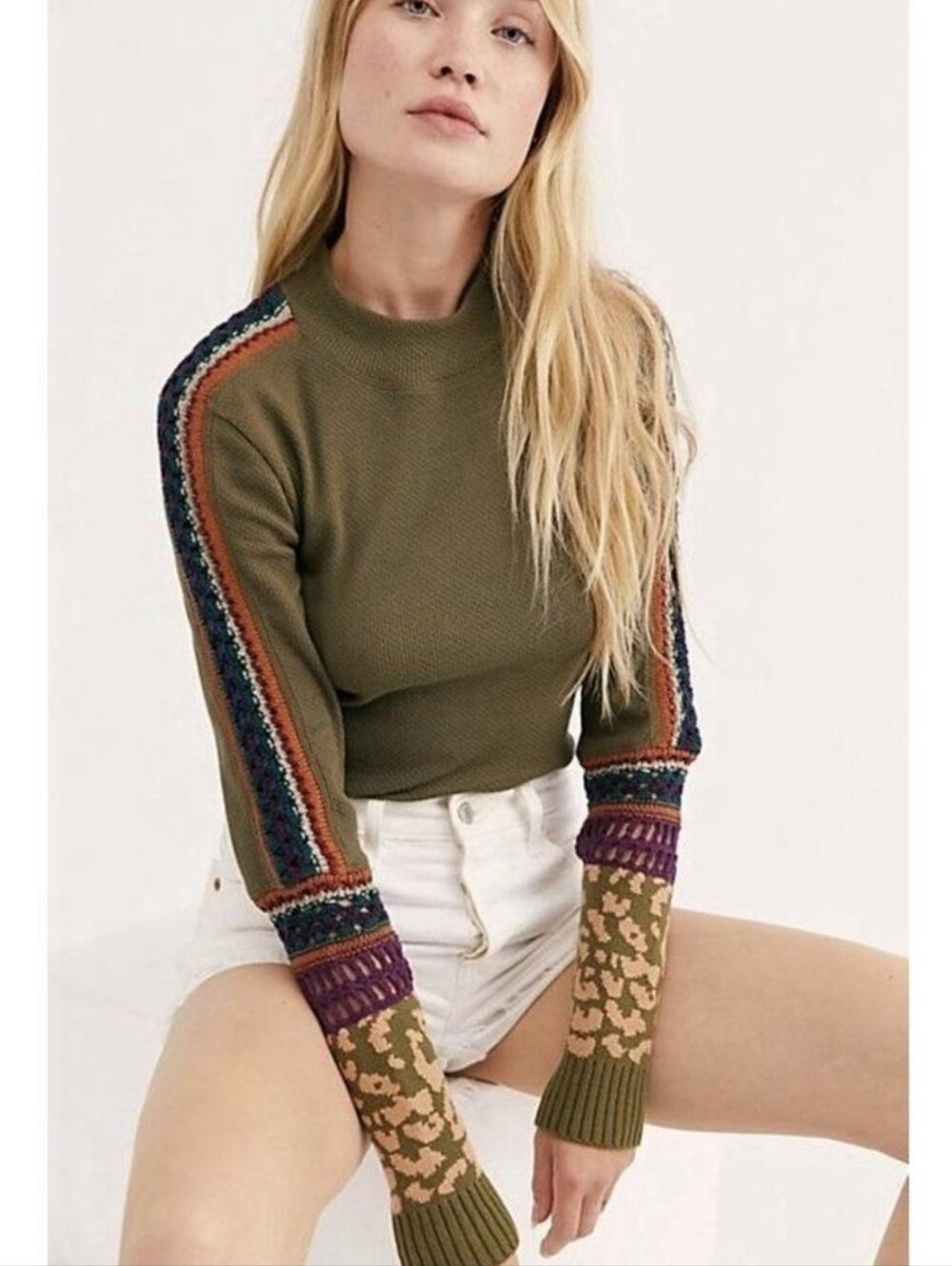 Free People Switch It Up Thermal Mock Neck Top Olive Green Crochet Sleeve S